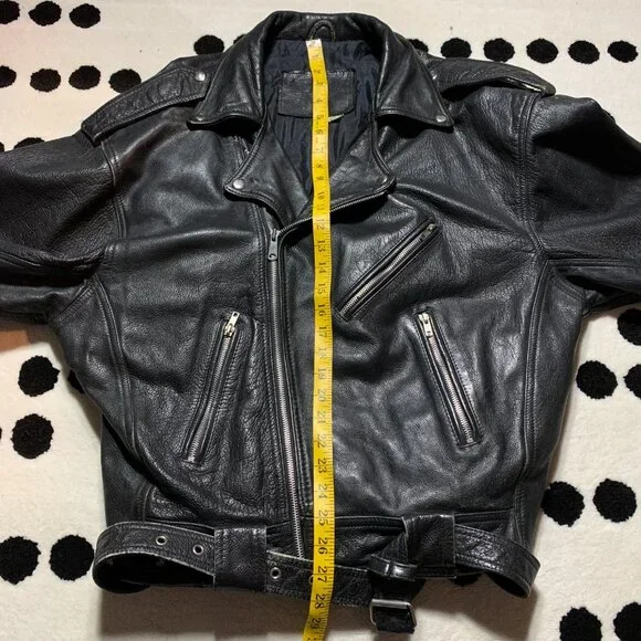 Vintage Black Leather Motorcycle Jacket Mens XL Biker Distressed Moto Coat - Picture 15 of 16